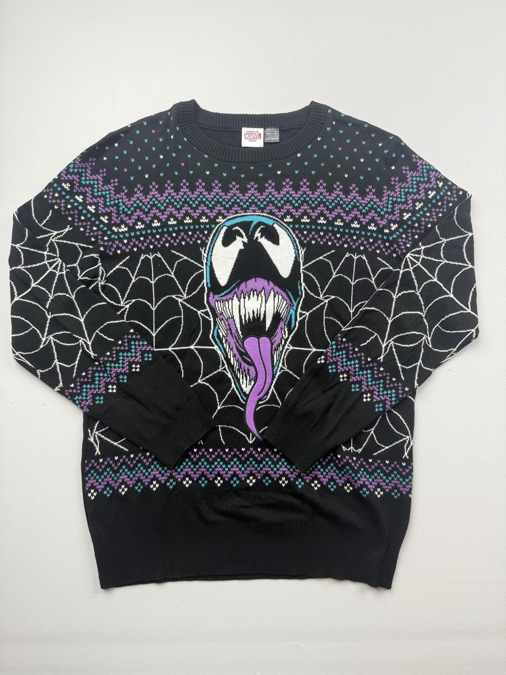 Marvel Sweater Mens Medium Black Venom Spiderweb Christmas Graphic Knit Crewneck